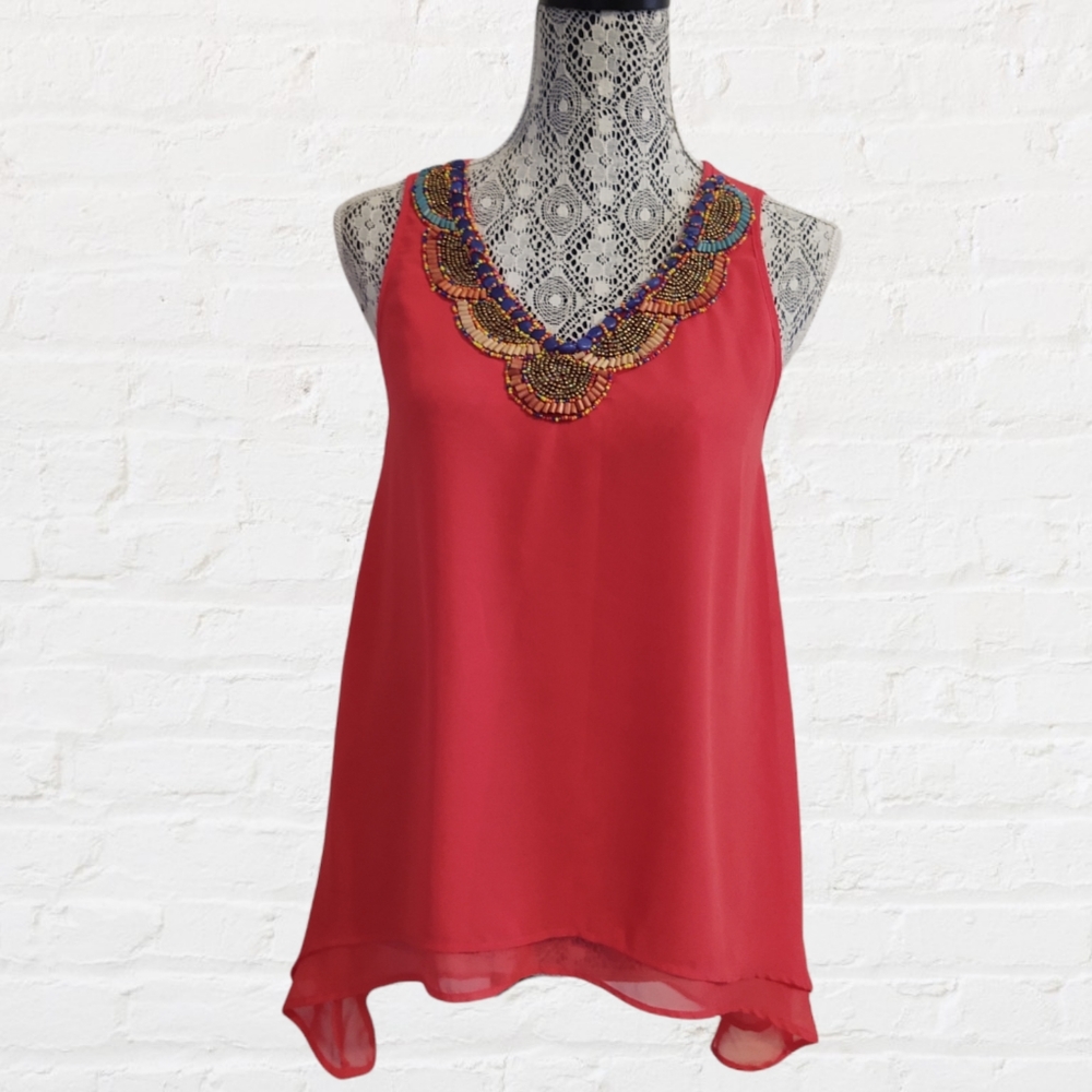 Umgee coral sleeveless flowy tank top with beaded neckline